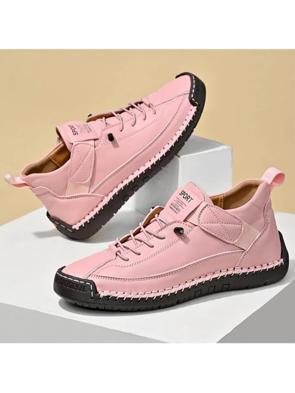 Women's Pink Leather Breathable Loafers Mid top Walking Flats Ankle Chukka Boots